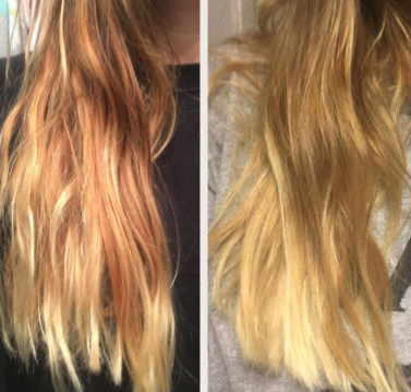 a reviewer’s before and after photos of their hair after using the pillowcase