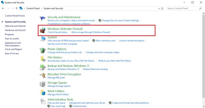 Chọn Windows Defender Firewall