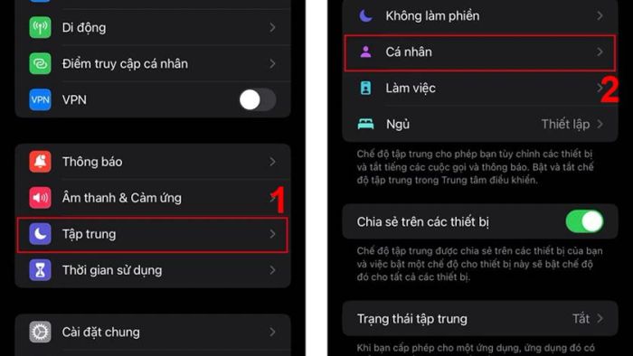 chọn mục Tập trung và nhấn vào Cá nhân