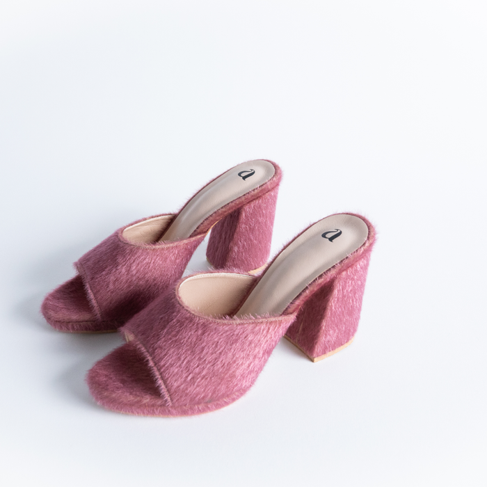 blush furry mule heels