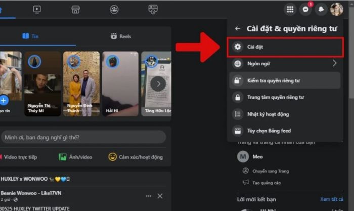 nhấn vào cài đặt để thay đổi liên kết facebook