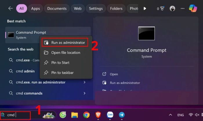 Tìm kiếm cmd trong Menu Search, sau đó nhấn chuột phải và chọn Run as Administrator