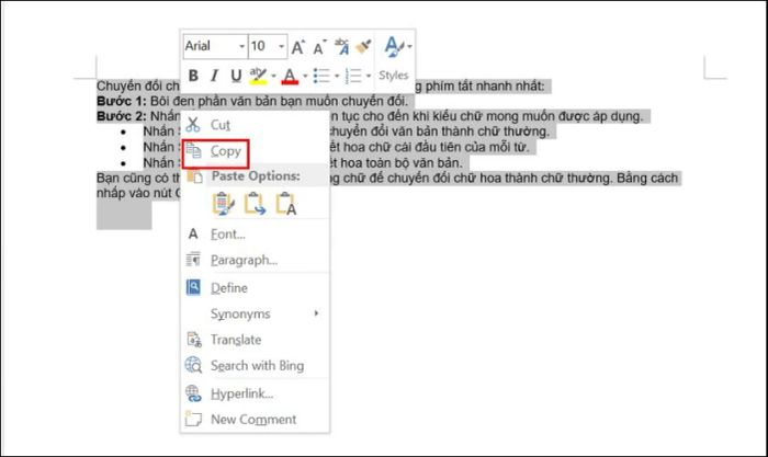 Nhấn chuột phải vào văn bản và chọn .