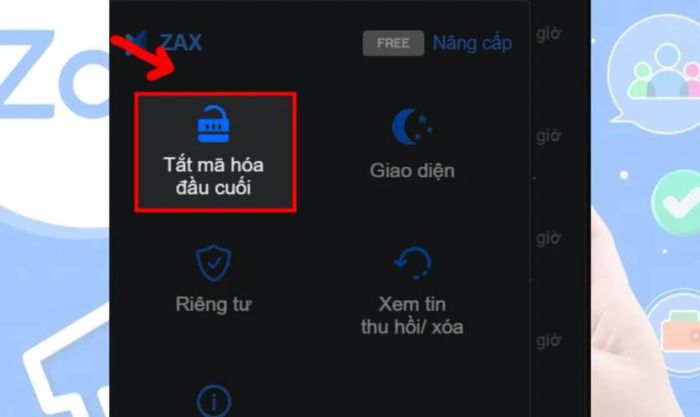 Sau đó, bạn hãy nhấn vào biểu tượng ZaX và chọn tùy chọn Tắt mã hóa đầu cuối.