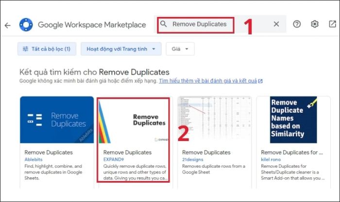 Tìm kiếm từ khóa Remove Duplicates và chọn tiện ích của tác giả EXPAND9