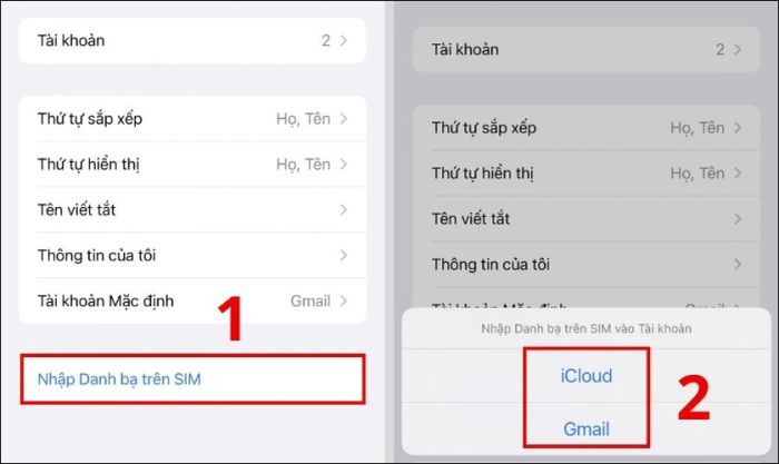 Truy cập Nhập Danh bạ từ SIM, chọn tài khoản iCloud hoặc Gmail để chuyển danh bạ từ SIM sang iPhone