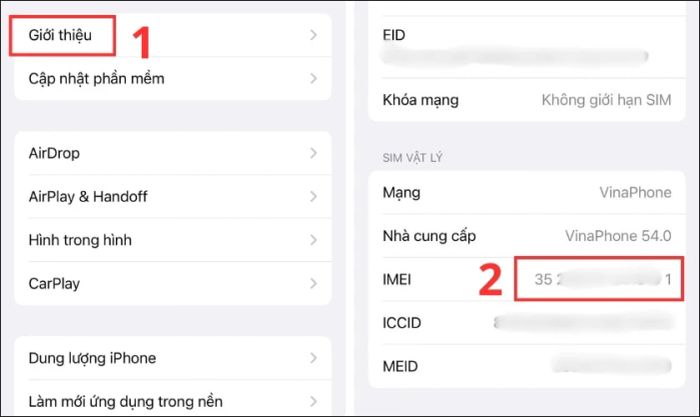 Cuộn xuống để xem số IMEI (15 chữ số) dùng để xác định nguồn gốc iPhone