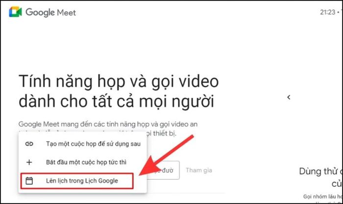 Bạn chọn vào Lên lịch trong Lịch Google