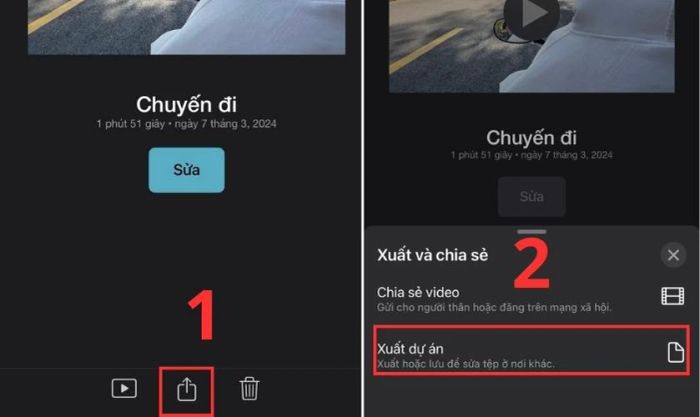 Nhấn vào biểu tượng chia sẻ và chọn Xuất dự án để lưu Trailer