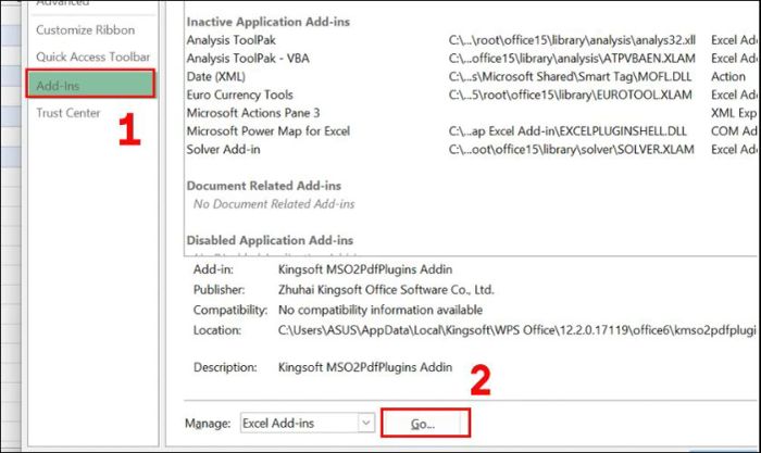 Nhấn vào Add-ins để tiếp tục.