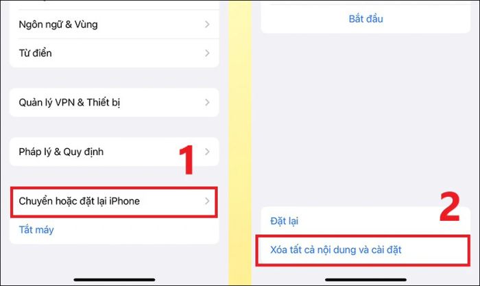 Chọn Chuyển hoặc đặt lại iPhone rồi nhấn Xóa tất cả nội dung và cài đặt để reset thiết bị