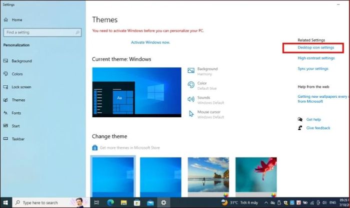 Trong giao diện Themes, tìm và chọn Desktop icon settings