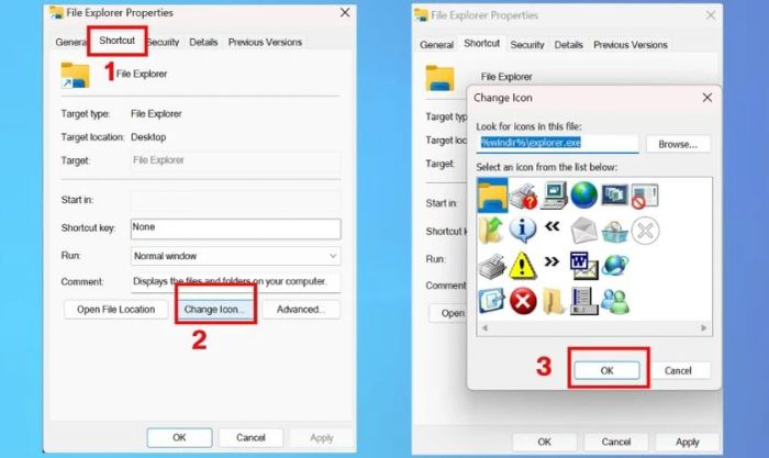 Tại cửa sổ mới xuất hiện, hãy chọn mục Shortcut và nhấn vào Change icon