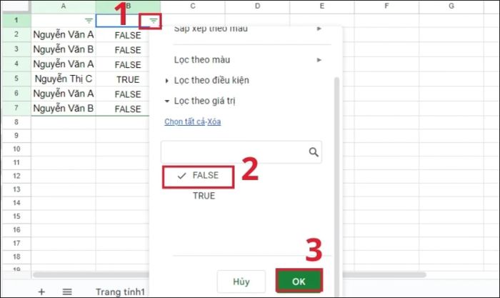 Bỏ chọn mục FALSE trong danh sách và nhấn OK để lọc ra các giá trị không trùng lặp trong Google Sheets.