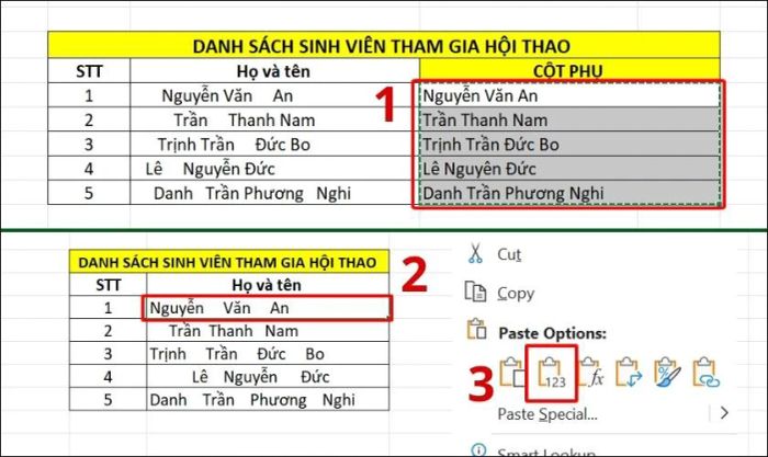 Sao chép dữ liệu từ cột phụ.