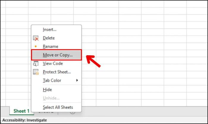 Sao chép sheet trong Excel qua chuột phải