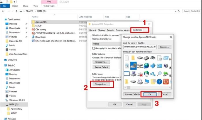 Chọn tab Customize và nhấn Change icon