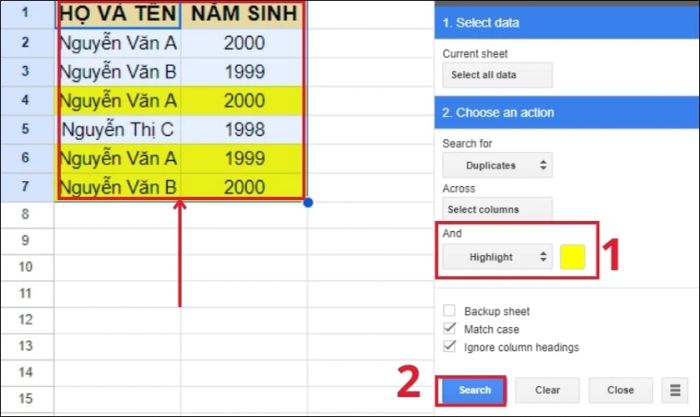 Chọn Highlight và nhấn nút Search để tìm kiếm các hàng trùng lặp