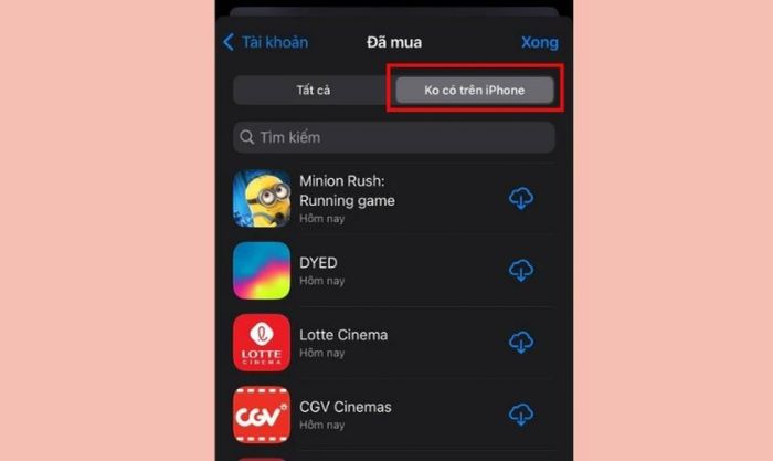 Chọn mục Không có trên iPhone để xem danh sách ứng dụng đã xóa