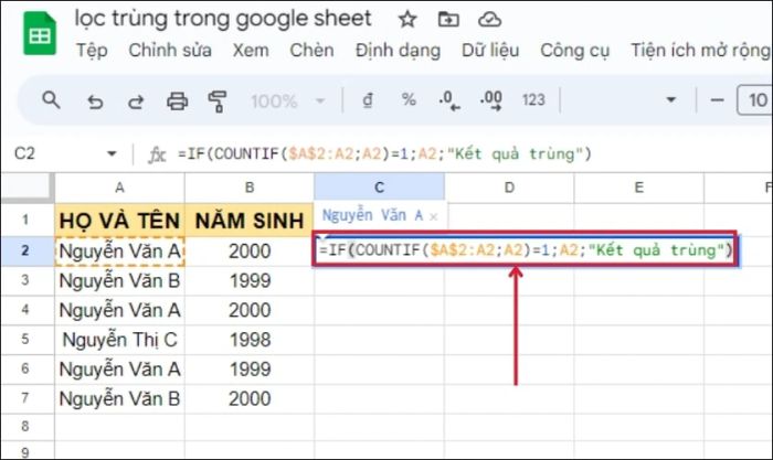 Lọc các giá trị trùng lặp xuất hiện từ lần thứ hai trở đi trong Google Sheets.