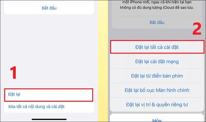 Nhấn vào Đặt lại, sau đó chọn Đặt lại tất cả cài đặt để reset iPhone 12 khi gặp tình trạng treo máy