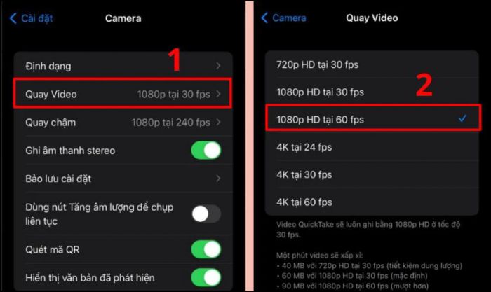 Quay lại giao diện Camera, chọn Quay video và tùy chỉnh độ phân giải video phù hợp