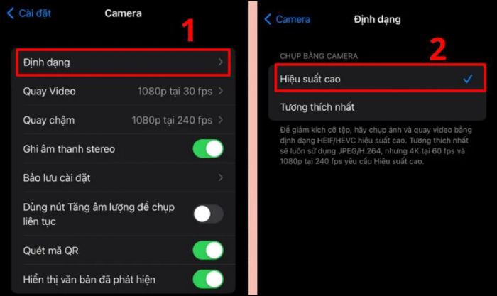 Trong giao diện cài đặt camera, hãy chọn mục Định dạng
