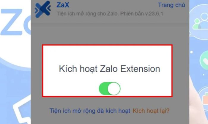 Sau đó, bạn hãy bật công tắc chuyển sang màu xanh lá để kích hoạt Zalo Extension.