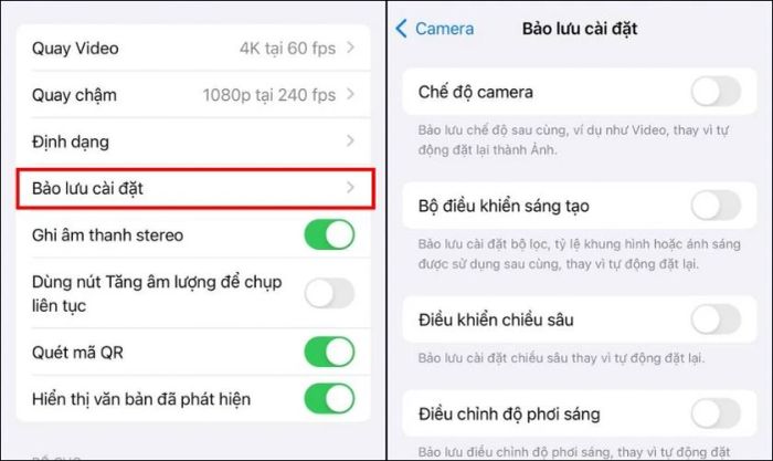 Sử dụng tính năng Bảo lưu cài đặt để tùy chỉnh cách camera lưu lại các thiết lập của bạn sau mỗi lần sử dụng