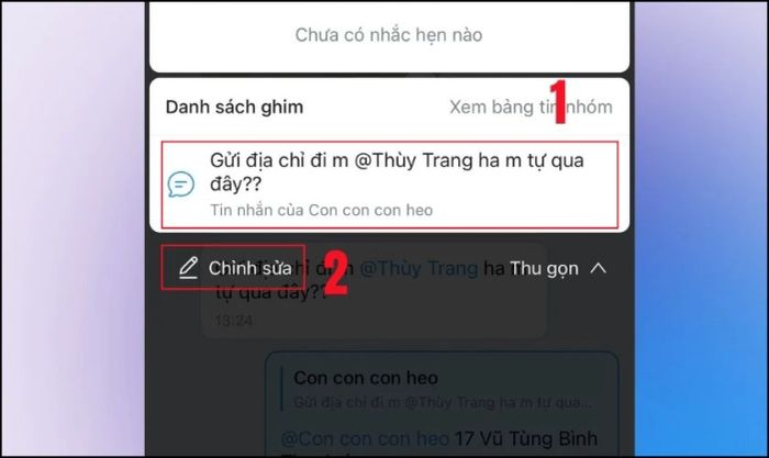 Nhấn vào tin nhắn đã ghim và chọn mục Chỉnh sửa