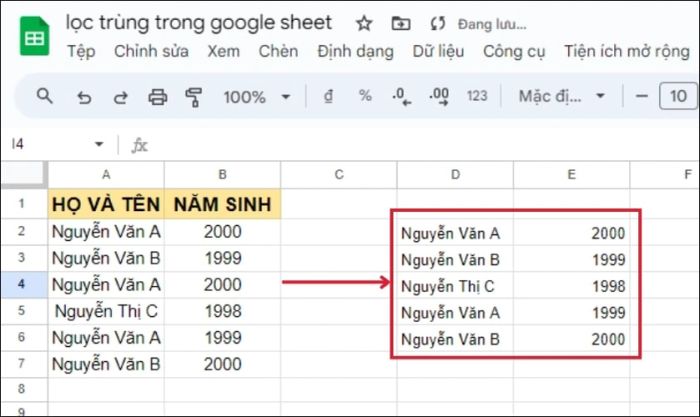 Kết quả sau khi áp dụng công thức lọc trùng trong Excel