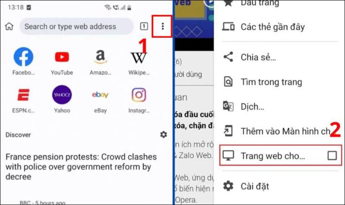 Nhấn chọn vào tùy chọn Desktop site