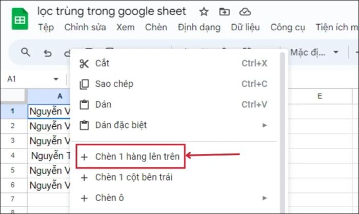 Chèn một hàng lên trên trong bảng dữ liệu