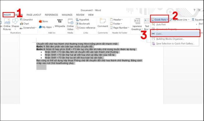 Nhấn vào Quick Parts và chọn Field...