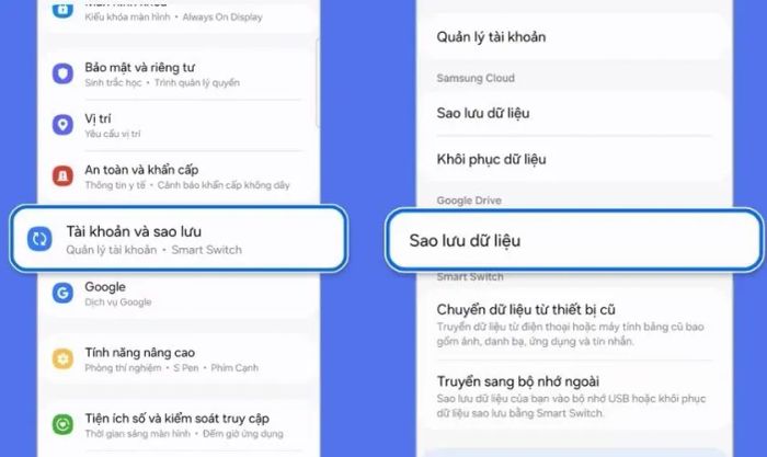 Sử dụng tính năng sao lưu từ Google