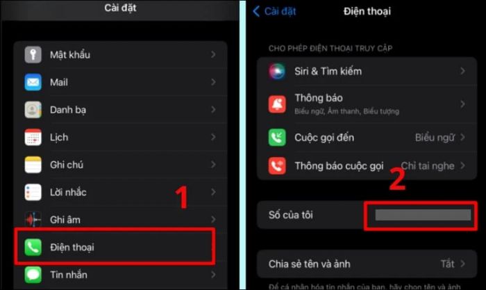 Mở ứng dụng Cài đặt, chọn mục Điện thoại, sau đó nhấn vào Số của tôi