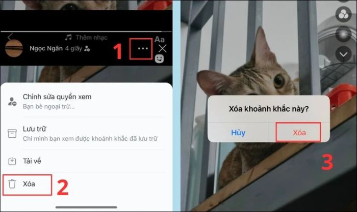 Chọn mục Xóa và xác nhận bằng cách nhấn Xóa lần nữa để hoàn tất việc xóa khoảnh khắc đã đăng trên Zalo
