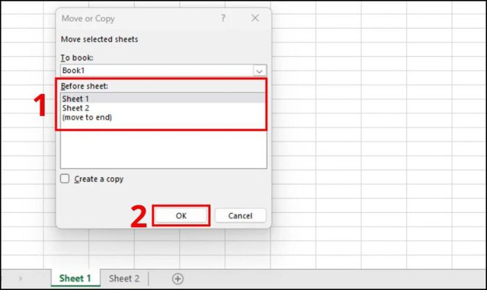 Chọn nơi bạn muốn di chuyển sheet đến
