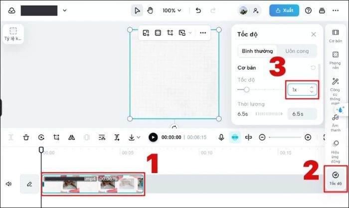 Bạn chọn video và nhấn vào Tốc độ ở thanh công cụ bên phải