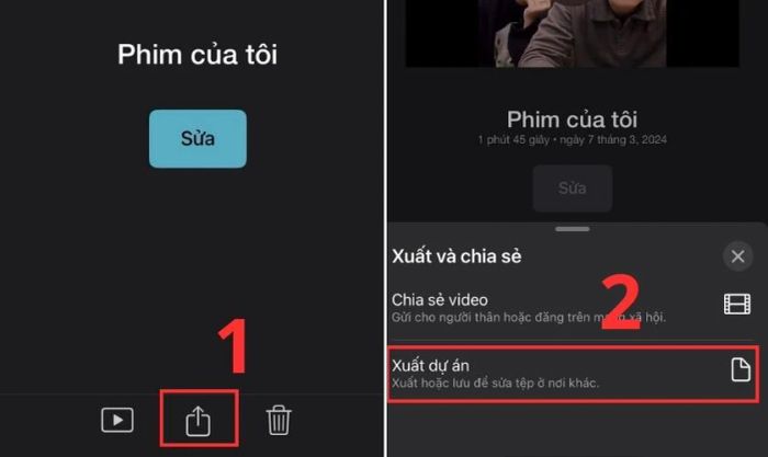 Nhấn vào biểu tượng chia sẻ và chọn Xuất dự án