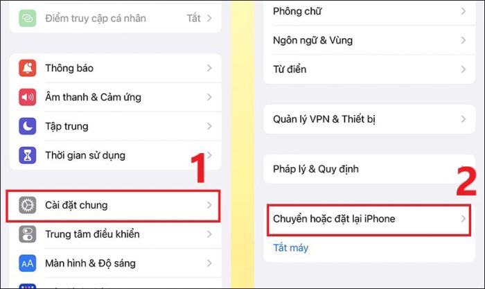 Chọn mục Cài đặt chung rồi nhấn vào Chuyển hoặc đặt lại iPhone
