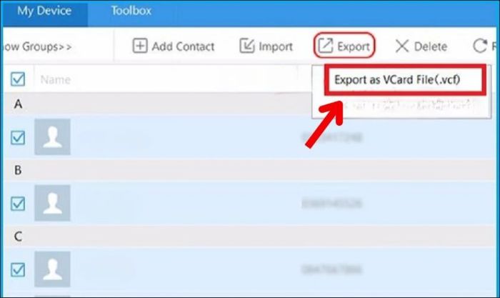 Nhấp vào Export as VCard File(.vcf) để xuất file danh bạ