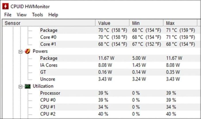 Kiểm tra độ chai pin laptop bằng phần mềm CPUID HWMonitor.
