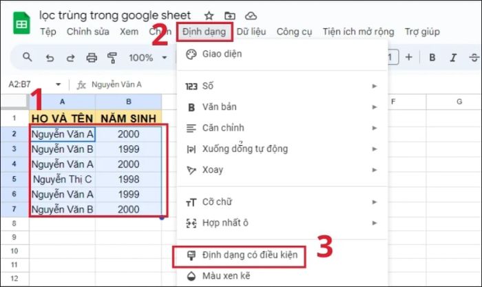 Tìm kiếm và đánh dấu các dữ liệu trùng lặp để lọc trùng trong Google Sheets