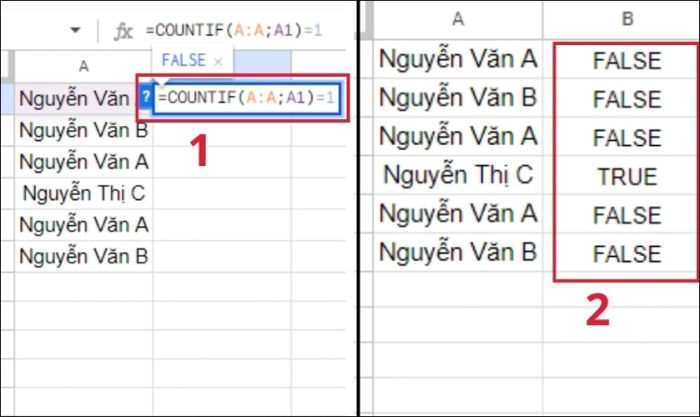 Lọc dữ liệu trùng và không trùng trong Google Sheets
