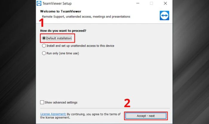 Chọn Default Installation, sau đó nhấn vào nút Accept - next