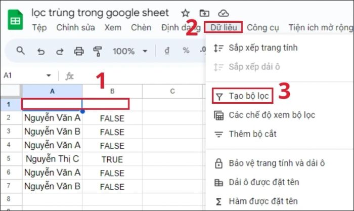 Nhấp vào tab Dữ liệu trên thanh công cụ và chọn mục Tạo bộ lọc để bắt đầu.