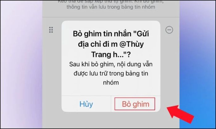 Chọn biểu tượng dấu (-) và nhấn vào Bỏ ghim