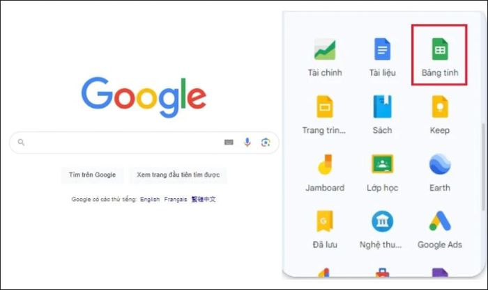 Mở bảng tính trong Google Sheets