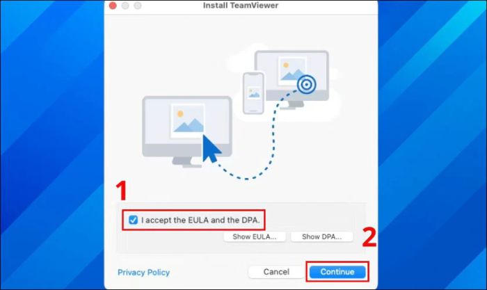 Tích vào dòng chữ I accept the EULA and the DPA, sau đó nhấn Continue